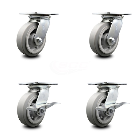 Service Caster 6 Inch Thermoplastic Rubber Swivel Caster Set with Roller Bearings 2 Brakes SCC SCC-35S620-TPRRF-2-SLB-2